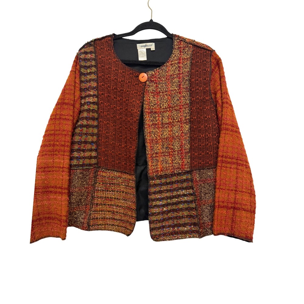Coldwater Creek Patchwork Knit Jacket Orange Rust Boho Petite Large PL R48607
